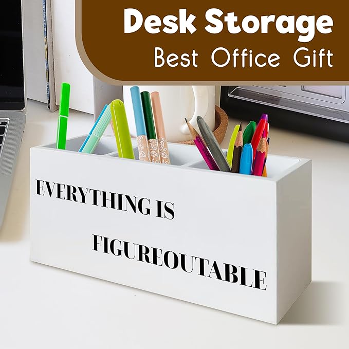 Everything is Figureoutable Inspirational Pen Holder for Desk, Motivational Gifts for Coworkers Women Men, Positive Quote Wooden Pen Pencil Holder Organizer for Office Desk Accessories
