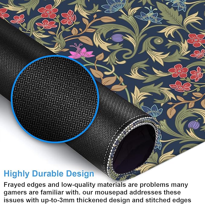 Desk Pad, Retro William Morris Floral XXL Gaming Mouse Pad with Stitched Edges,Non-Slip Waterproof Rubber Base Large Desk Mat for Keyboard and Mouse 35.4"x15.7"