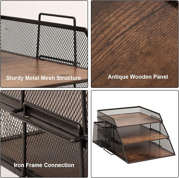 Vintage Wood & Metal Letter Tray， Stackable Desk Organizers Paper Tray， for File Magazines Mail Organizer, Vintage Wood Desk File Organizer with Pen Holder(3 Layer)