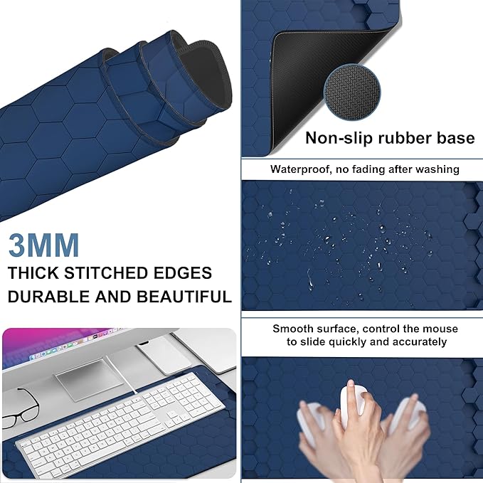 Large Mouse Pad Hexagon Style Gaming Desk Pad Computer Keyboard Non-Slip Waterproof Mouse Mat with Rubber Base and Stitched Edges Entertainment Office Writing Desk Mat 35.4 x 15.7 Inches