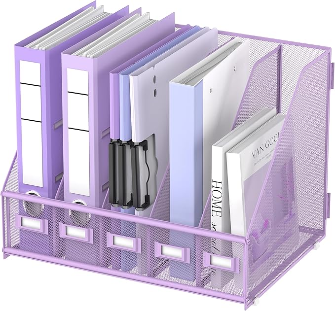 DALTACK Desk Organizers Metal Magazine File Holder with 5 Vertical Compartments Folder Storage Binder Organizer for Office Home School Organization, Purple Plus
