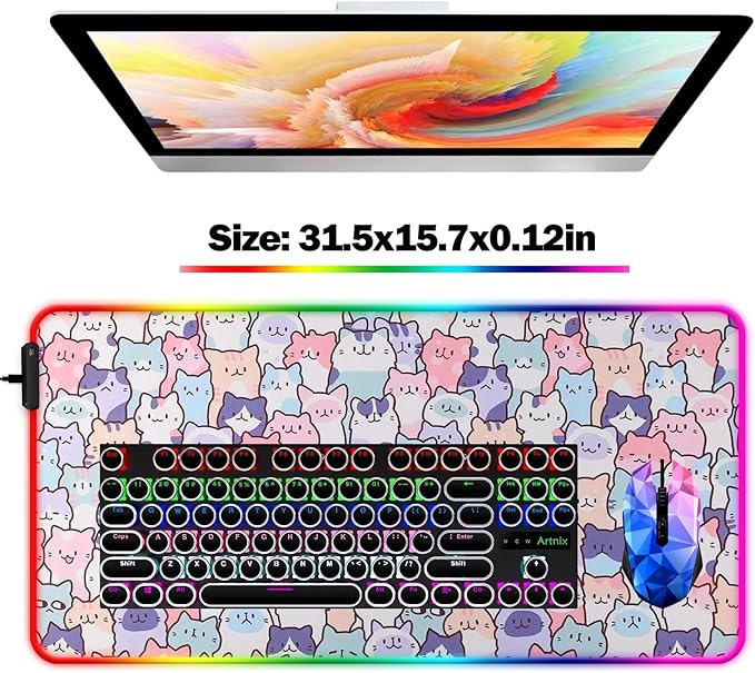 RGB Pink Cat Mouse Pad, Large LED Gaming Light Up Computer Mousepad, Long Glowing PC Laptop and Keyboard Office Desk Mat for Women