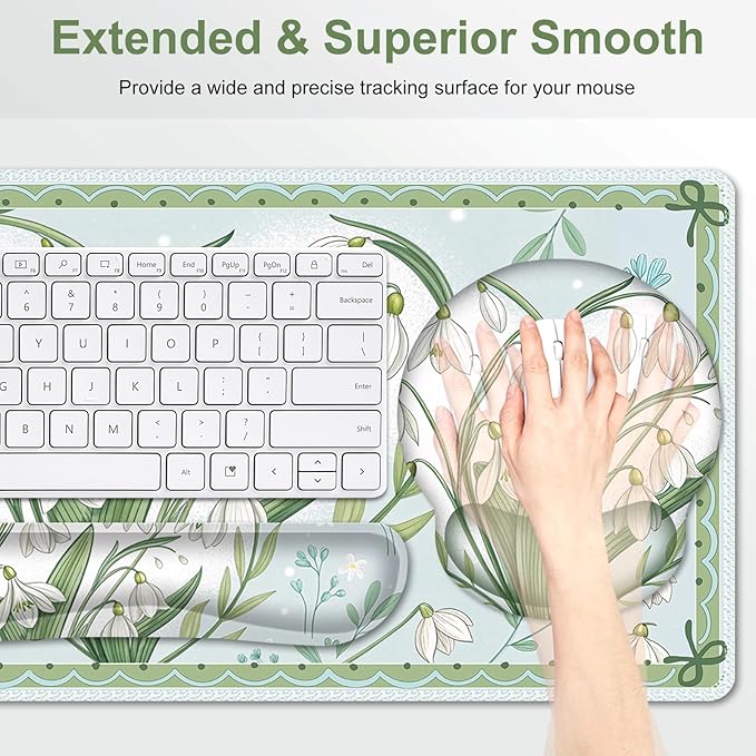Floral Desk Mat, 4in1 Large Mouse Pad with Wrist Rest, Desk Matt for Desktop, Desk Pad Mat, Anti-Slip XXL Big Computer Ergonomic Mousepad with Wrist Support for Keyboard and Mouse I Green Flower Heart