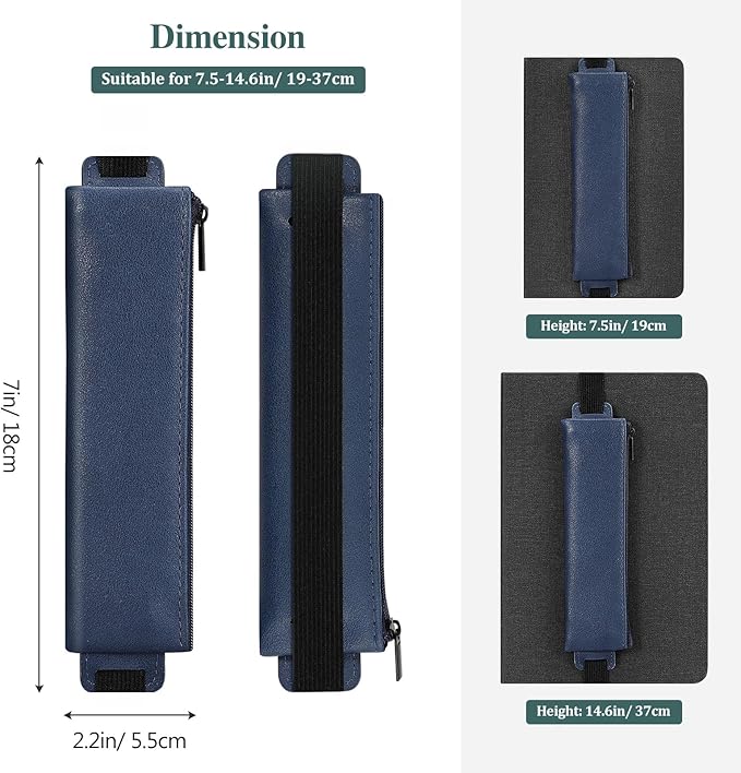 MoKo Elastic Pen Holder for Notebook, 4 Pieces PU Leather Pencil Case with Adjustable Band, Stationery School Supplies Zipper Bag for Planners, Journals, Book