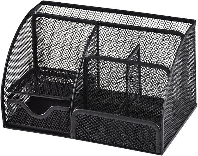 Black Mesh Pen Holder and Organizer Office Supplies with 7 Compartments, Desktop Organizer with Drawer, Metal Pen Holder for Desk, ‎9.1" x 5.9" x 5.5''