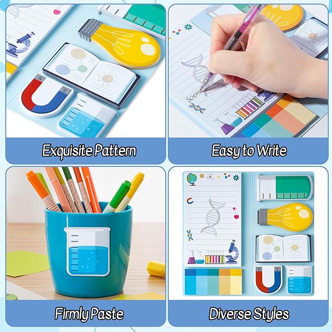 B1ykin Sticky Notes Set, Cartoon Theme Cute Self-Stick Notes Pad Teacher Appreciation Gifts， Self-Adhesive Writing Memo Pages Sticky to Do Notepad for Kids Employee School Office (Science Teacher)
