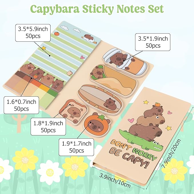 B1ykin Sticky Notes Set, Cartoon Theme Cute Self-Stick Notes Pad Teacher Appreciation Gifts， Self-Adhesive Writing Memo Pages Sticky to Do Notepad Thank You Gift for School (Funny Capybara)