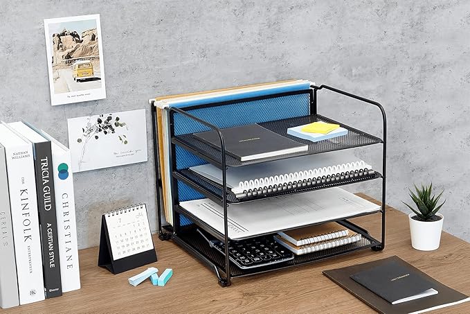 CAXXA 4 Tier Mesh Document Trays with Vertical Upright Section for Hanging File Holders, Mesh Office Supplies Desk Organizer, Black