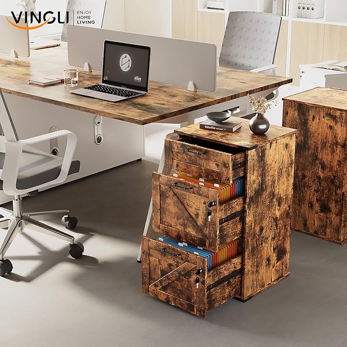 VINGLI 3 Drawer File Cabinet with Lock, Home Office Filing Organizer, for Letter Size File Folder Storage, Modern Farmhouse Style, Wood Vertical Filing Cabinet, Archivador (Rustic Brown)