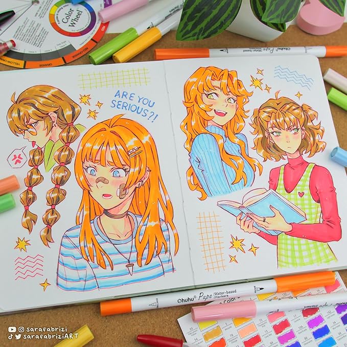 Ohuhu Markers Paper-friendly No Peeling Water-based 60 Colors Dual Brush Fineliner Tips Markers for Adult Coloring Books No Bleeding Coloring Markers for Kids Beginner Calligraphy - Pupe