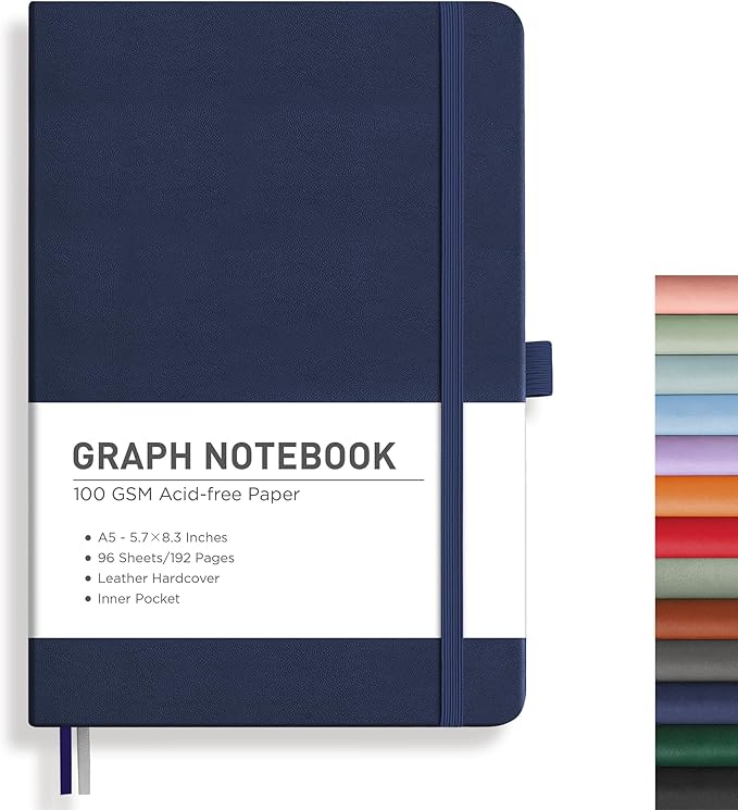 RETTACY Graph Grid Paper Notebook, 192 Pages, A5 Medium Size (5.7'' x 8.3''), 5 Squares per Inch, Leather Hardcover, 100 GSM Thick Paper, for School, Students, Math, Engineering (Navy Blue)