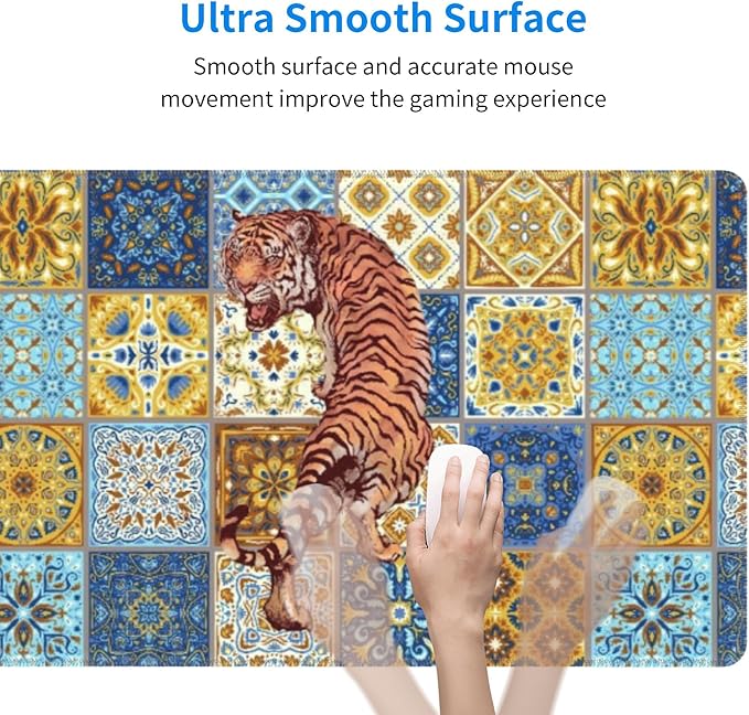 Mexican Tile Tiger Large Mouse Pad, Vintage Aesthetic Gaming Desk Mat, XL Keyboard Desk Pad Mat for Desktop, 31.5"x11.8" Non-Slip Base Big Mousepad with Stitched Edges