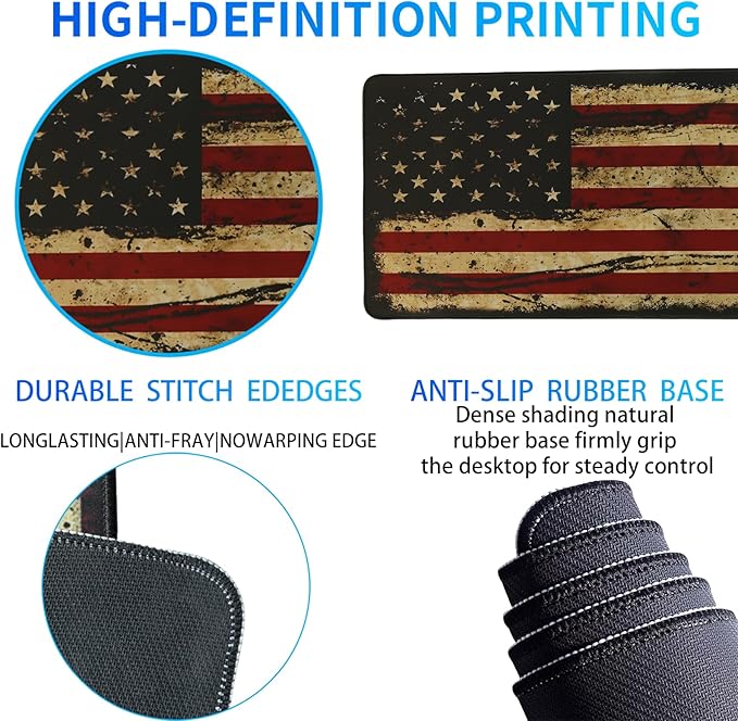 American Flag Mouse Pad United States National Flag Mousepad, Large Gaming Desk Mat XL Mousepad, Stitched Edges Non-Slip for Computers Laptop (USA Flag-Large-Black)