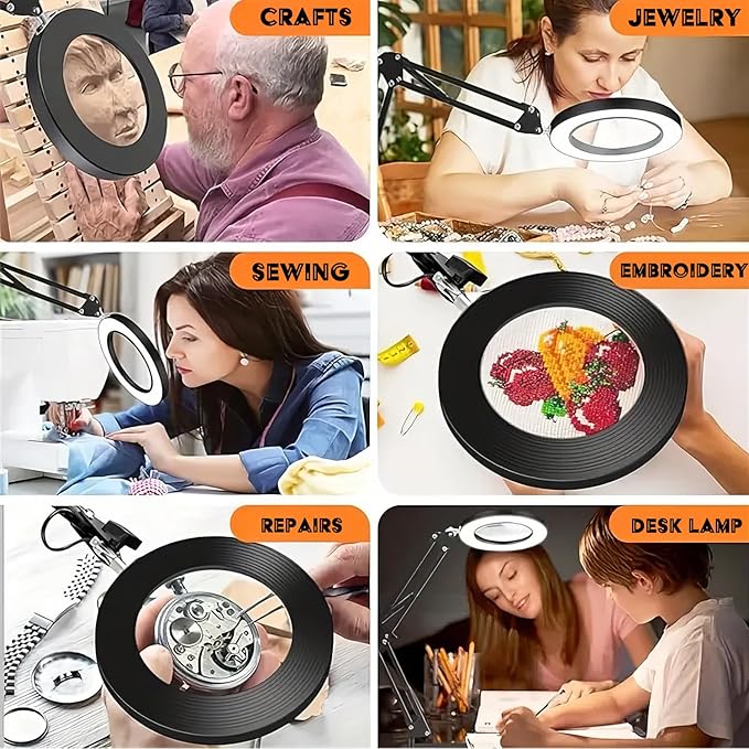 15X Magnifying Glass with Light, Table Lamp with Stand and Clamp, 2-in-1 LED Desk Lamp with Magnifier, 3 Color Modes, 72 LEDs, Real Glass Lens for Close Works, Craft, Hobby, Painting, Reading, Repair