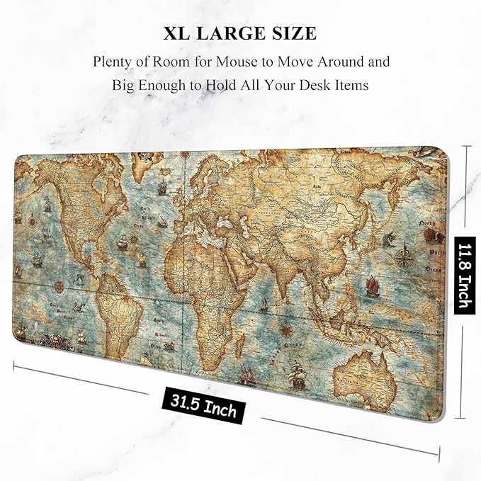 Auhoahsil Large Mouse Pad, XXL Gaming Mousepad, Desk Mat for Desktop, Thick Rubber, Big & Long Size, Stitched Edges, Full Desk Pad for Laptop & Computer, Extended 31.5 x 11.8 in, Vintage World Map