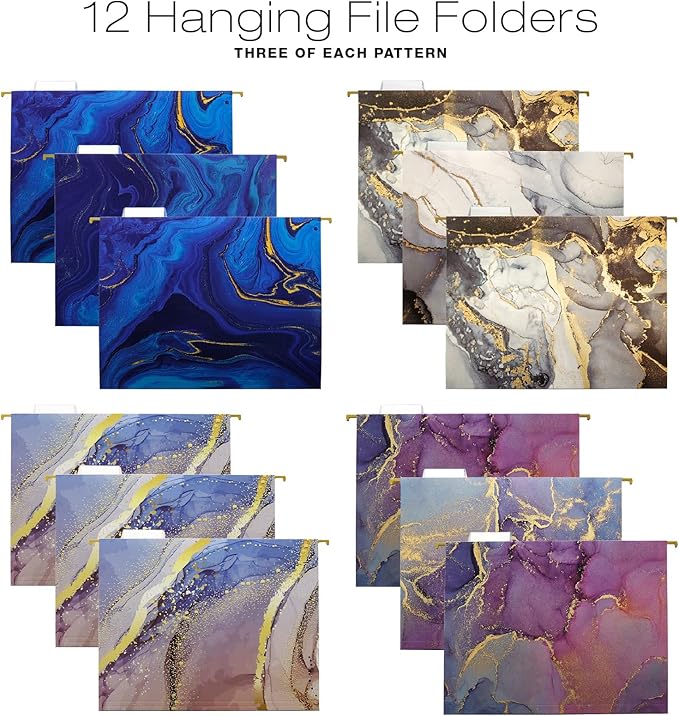 Global Printed Products Deluxe Designer Hanging File Folder Kit, Includes Metal Hanging Basket, 12 Hanging Folders, 24 File Folders, 1/3 Cut Tab, Assorted Positions, Letter Size (Marble)