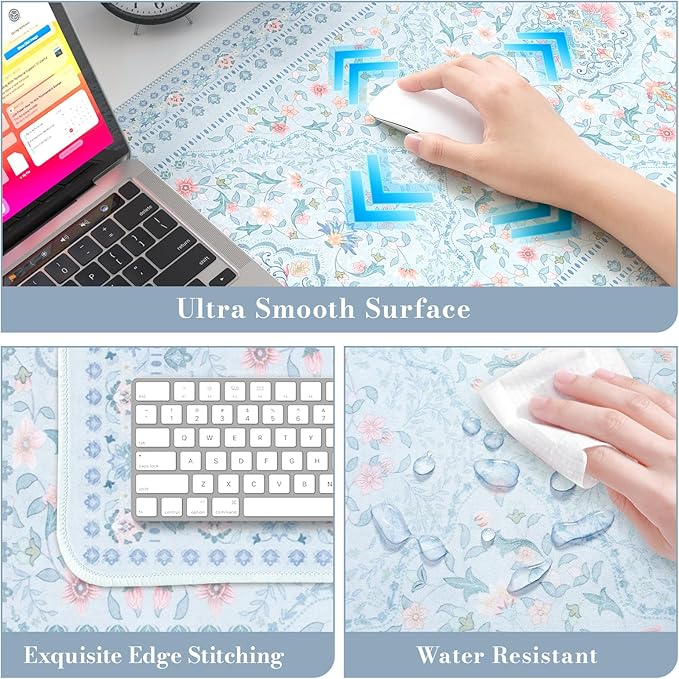 HAOCOO Floral Desk Mat for Keyboard and Mouse, Large Laptop Mouse Pad, Waterproof Makeup Mat, Cute Desktop Mat for Home, Desk Skirts for Teacher Desk, Desk Mat for Dorm(Blue)