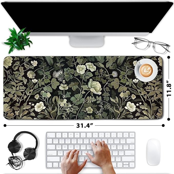 Gaming Mouse Pad, GreenPlant Mousepad with Non-Slip Base Stitched Edges, Gifts for Men Women GreenPlant Lovers, Large Desk Mat for Computer Keyboard and Mouse 11.8”x 31.4” XL