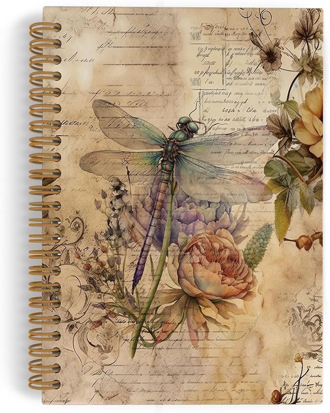 Dragonfly Spiral Notebook, Dragonfly Gifts for Women, Dragon Fly Journal Notebook, Vintage Dragonfly Notebooks for School Work, Dragonfly Floral Office Supplies Gifts for Women Men, 5.5x8.3 Inch