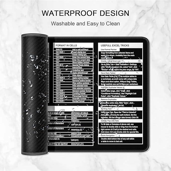 Excel Shortcut Keys Mouse Pad, Large Extended XL XXL Cheat Sheet Gaming Mouse Pad, Office Spreadsheet Desk Mat, Long Big Keyboard Mat, Desk Pad for Desktop, Non-Slip, Stitched, 35.4" x 15.7", Black