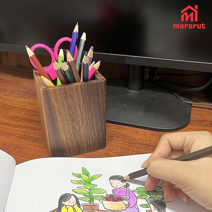 Wooden Pencil Holder for Desk, Wood Pen Black Walnut Cup Holder Square Handwork Natural Organizer Simple Stand for Pencils Make up Brushes Stationery Desks Offices Desk Desktop Decoration (Brown)