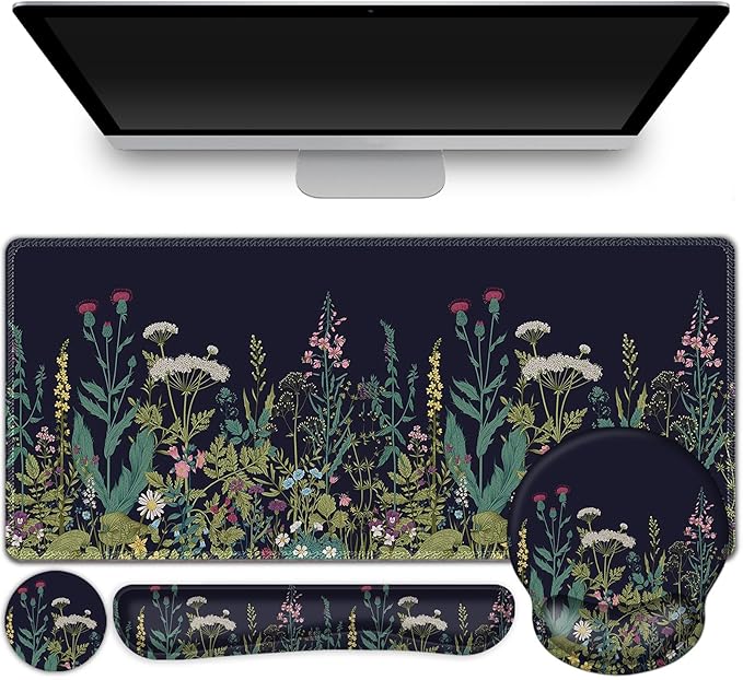 ToLuLu Desk Mat, XXL Large Mouse Pad Wrist Support Set，4 in1 Gaming Mousepad Desk Pad+ Ergonomic Mouse Pad with Wrist Rest + Keyboard Wrist Rest+Coaster for Home Office Computer Table, Weeds Plants