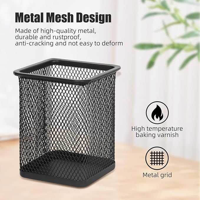 TooCust Black Mesh Pencil Cup Holder for Desk, 12 Pack Mesh Square Pen Holder - Thickened Metal & Non-Slip Bottom, Wire Pencil Holder Makeup Brush Holders Pen Cup Bulks for Home, School & Office