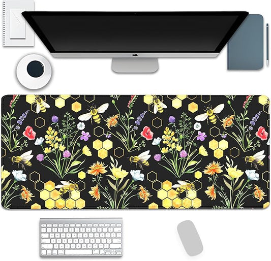 Bees and Honeycombs Mouse Pad,XL Large Wildflowers Mousepad Desk Pad with Stitched Edges,Non-Slip Waterproof Rubber Base Mouse Mat Desk Mat for Office Computer Keyboard Laptop Home(27.5x11.8 in)