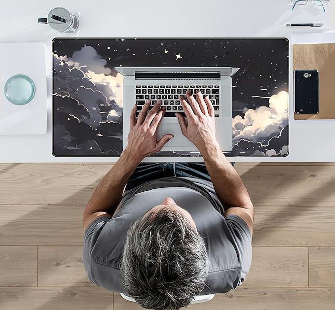 Black Anime Cloud Desk Mat XXL Large Gaming Mouse Pad Computer Laptop Mat, Extended Non-Slip Rubber Base Mousepad Keyboard and Mouse Mat, Night Sky Desk Pad with Stitched Edges, 31.5x15.75 in