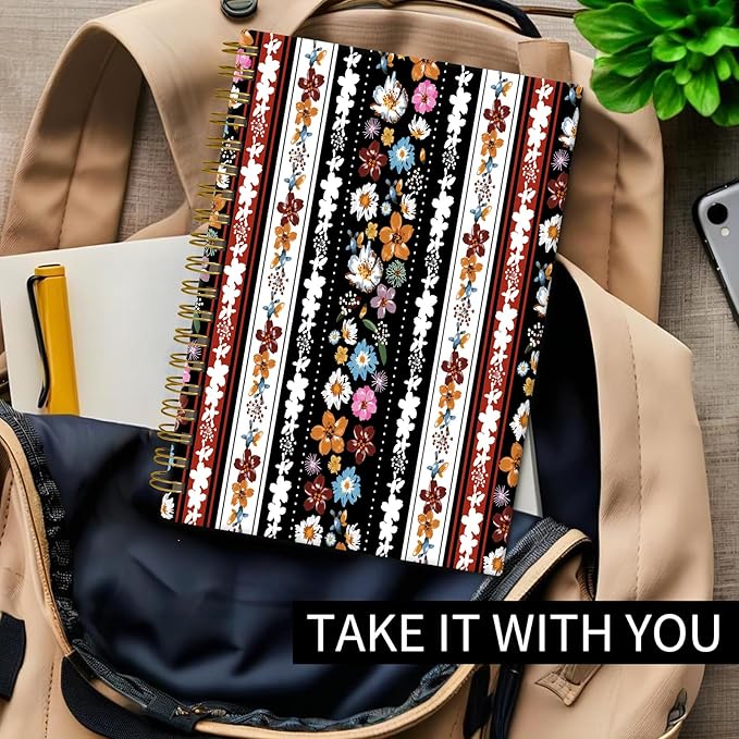 Spiral Journal Notebook, Hardcover Lined Journal for Women, Medium 6 x 8.4 in, 120 Pages Thick Paper, College Ruled Notebook for Writing, Work, Office, and School,Boho Stripe Colorful Flowers