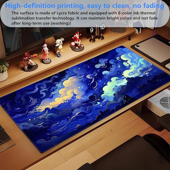 XL Gaming Desk Pad Kawaii Dark Blue Clouds Design, Non-Slip Surface & Stitched Edges, 31.5x15.7 in - Cute Aesthetic for Office or Gaming Setup