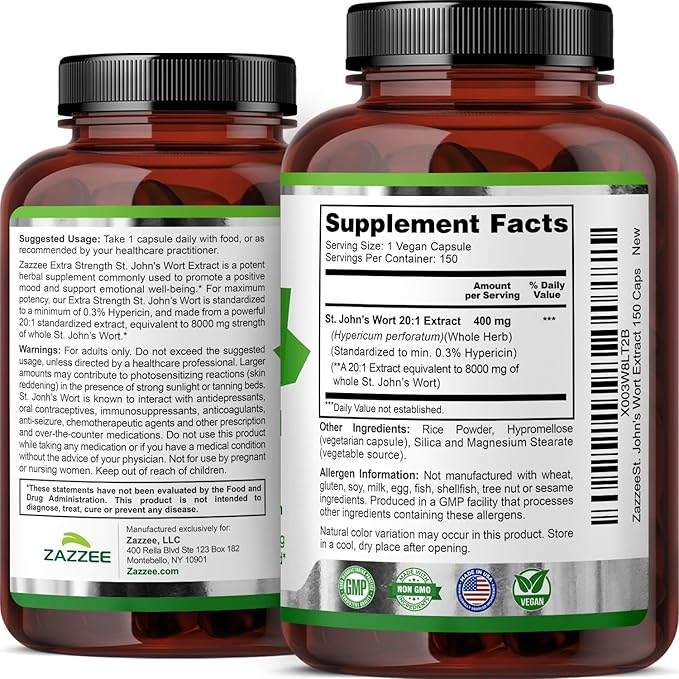 Zazzee Extra Strength St. John’s Wort 20:1 Extract, 8000 mg Strength, 0.3% Hypericin, 150 Vegan Capsules, 5 Month Supply, Concentrated, Standardized 20X Extract, 100% Vegetarian, Non-GMO, All-Natural