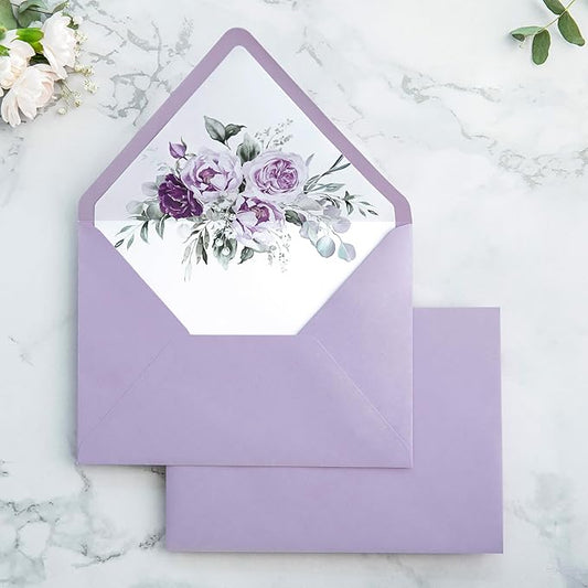 PONATIA 50PCS A7 Euro Flap Envelopes, 5.25 x 7.25'' Lilac Flowers Liner Envelopes for 5x7 Weddings Invitations, Photos, Postcards, Greeting Cards, Christmas Gift Cards, Acrylic Mailing