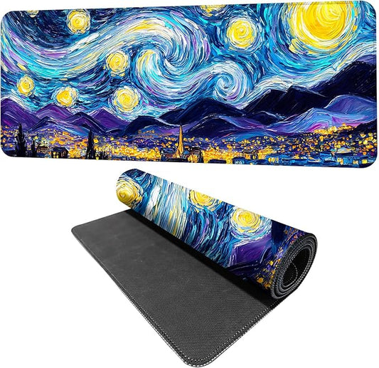 Vincent Van Gogh Starry Night Inspired Mouse Pad – Thicker 31.5" x 11.8" Extended Desk Mat with Dreamy Galaxy and Village Nightscape, Non-Slip Base & Smooth Surface for Office & Gaming
