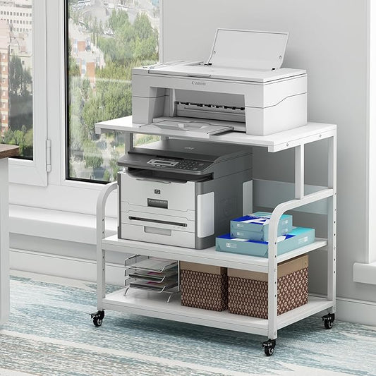 Printer Stand, 32.3" x 18.9" x 32.1" Extra Large Printer Table with Adjustable Storage Shelf, 3 Tier Rolling Printer Cart with Industrial Wheels for Home Office, White