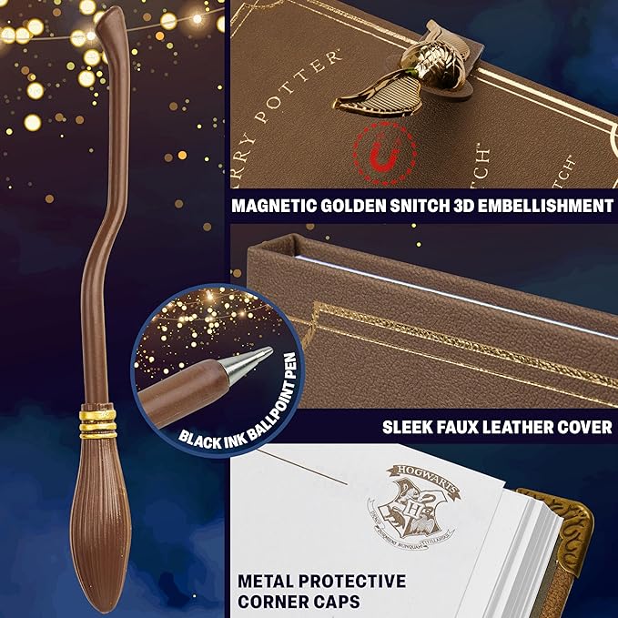 Harry Potter A5 Notebook Set with Broomstick Pen for Kids, Teens, Faux Leather Cover, Golden Snitch Detail, Stationery Supplies, Gifts for Kids (Brown Wand Pen)