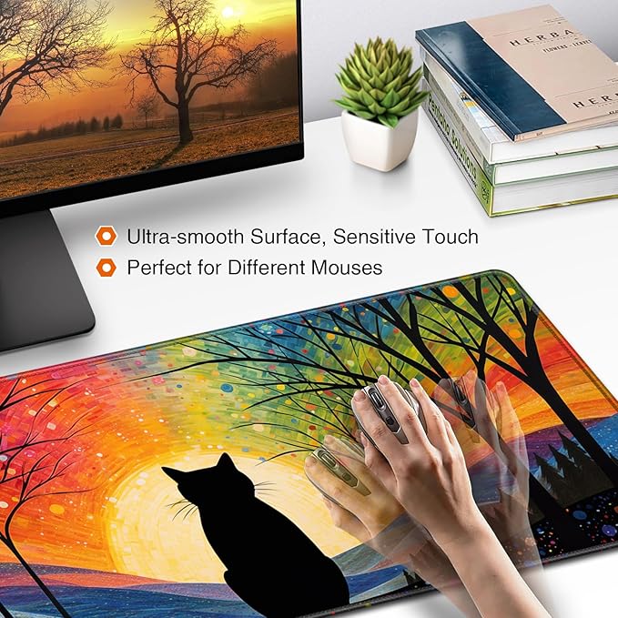 Anime Black Cat Mouse Pad Cute Desk Mat, XXL Large Gaming Mouse Pad Keyboard with Stitched Edges Non-Slip, 35.4×15.7in Keyboard Mat for Desktop Computer Laptop Office Women Desk