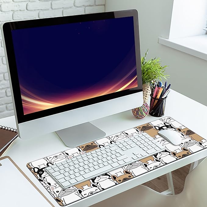 MIOAOSRT Cute Puppy Pet Desk Mat,French Bulldog Extended Gaming Mouse Pad,Large Non-Slip Rubber Base Mousepad with Stitched Edges,Waterproof Mouse Mat Desk Pad for Office Game Home 35.4x15.75 in
