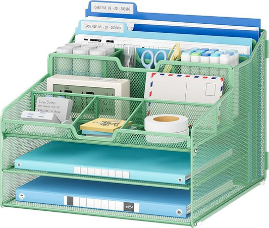 Lavatino Desk Paper File Organizer - Metal Mesh with 2 Letter Trays, 7 Flexible Dividers, 2 Vertical File Folder Holders for Office/Home/Classroom Supplies, Desk Organizers and Accessories, Green