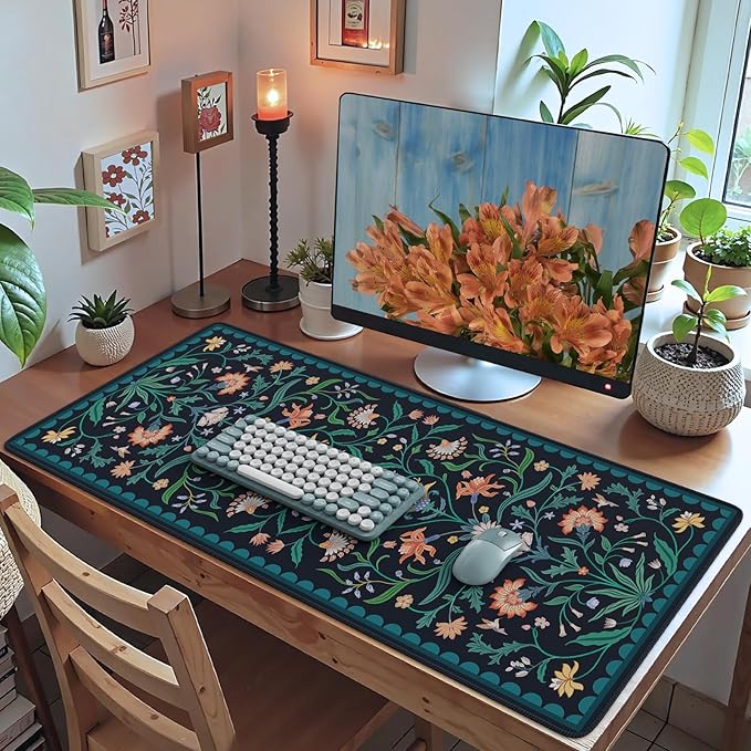 HAOCOO Navy Blue Iris Desk Mat, Large Mouse Pad, Non-Slip Keyboard Mat, Water-Resistant Computer Pad with Edge Stitching, Vintage Floral Desk Cover Mat, Desk Protector for Office, Home