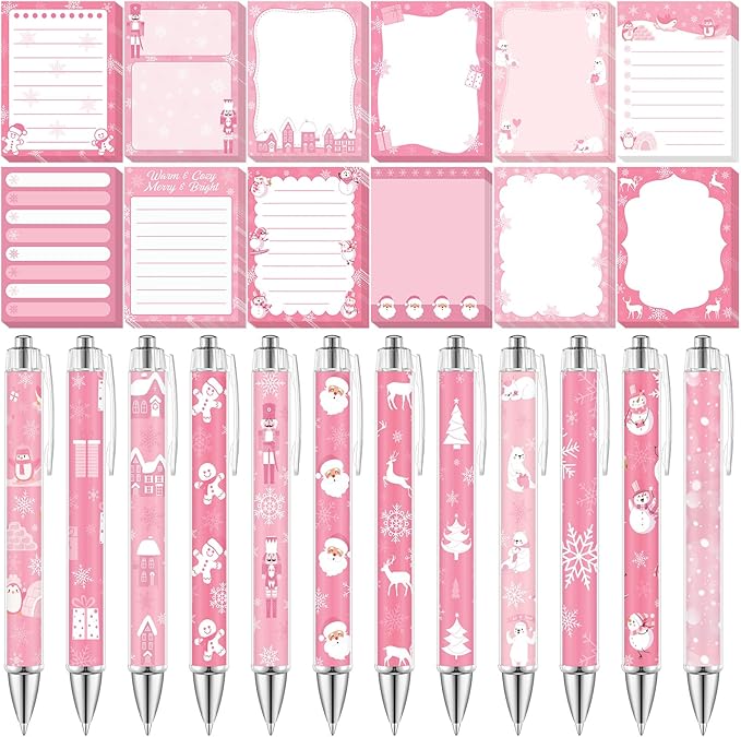 24 Pcs Pink Christmas Sticky Notes with Pens Holiday Gifts Self Adhesive Notepad Cute Memo Notes Pads Black Ink Ballpoint Pen for Office School Students Teacher Supplies