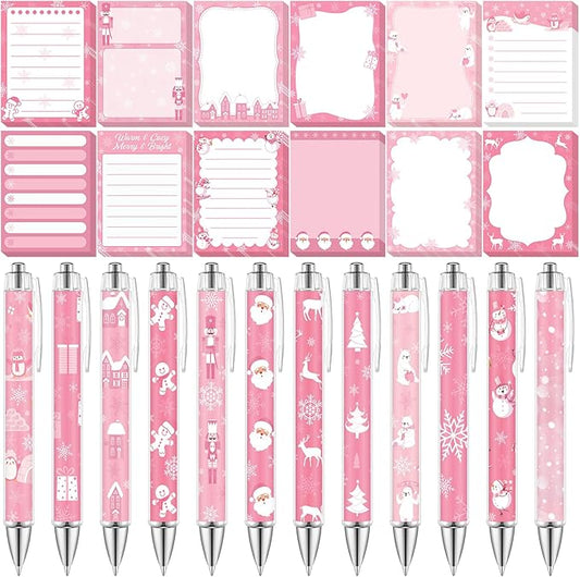 24 Pcs Pink Christmas Sticky Notes with Pens Holiday Gifts Self Adhesive Notepad Cute Memo Notes Pads Black Ink Ballpoint Pen for Office School Students Teacher Supplies