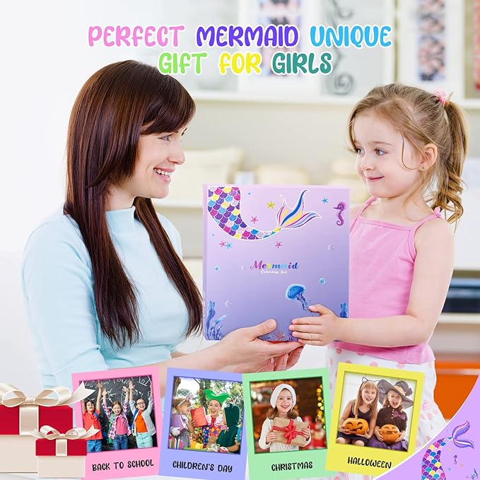 Mermaid Art Craft Kit for Kids, 56 Piece Set with Pencil Case, Markers, Crayons, Gel Pens, Erasers, Stencils, Ruler