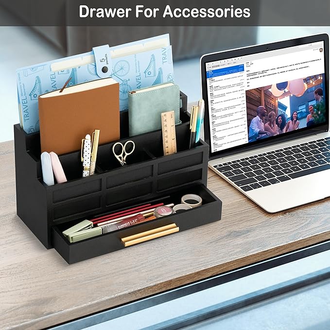 Black Wood Desk Organizer and Accessories with Drawer, Bill Mail Organizer and File Mail Holder for Office Supplies, Rustic Desk Accessories & Workspace Organizers for Desk Organization