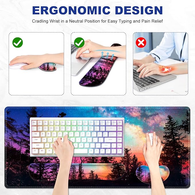 Keyboard Mouse Pad Set, Extended Gaming Mouse Pad +Keyboard Wrist Support +Mouse Wrist Rest +Coaster, 35.4x15.7 in XXL Large Ergonomic Desk Mat 4in1 Set for Home Office, Starry Forest