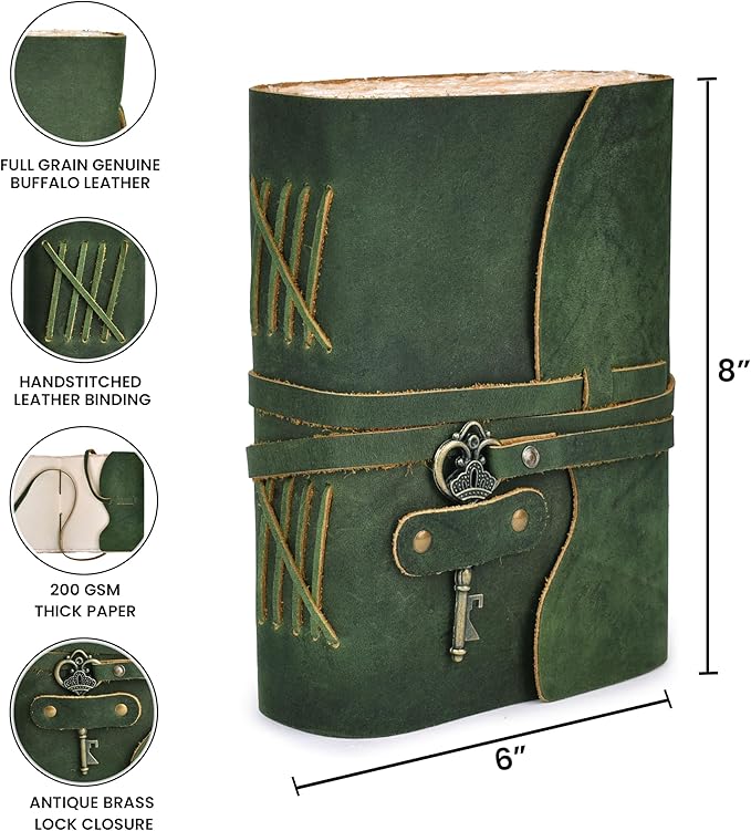 LEATHER VILLAGE Vintage Leather Journal – 200 Handmade Vintage Deckle Edge Paper – Leather bound Journal For Women Men – Vintage Key Closure - Book of Shadows - Green - 8X6 inches (A5)