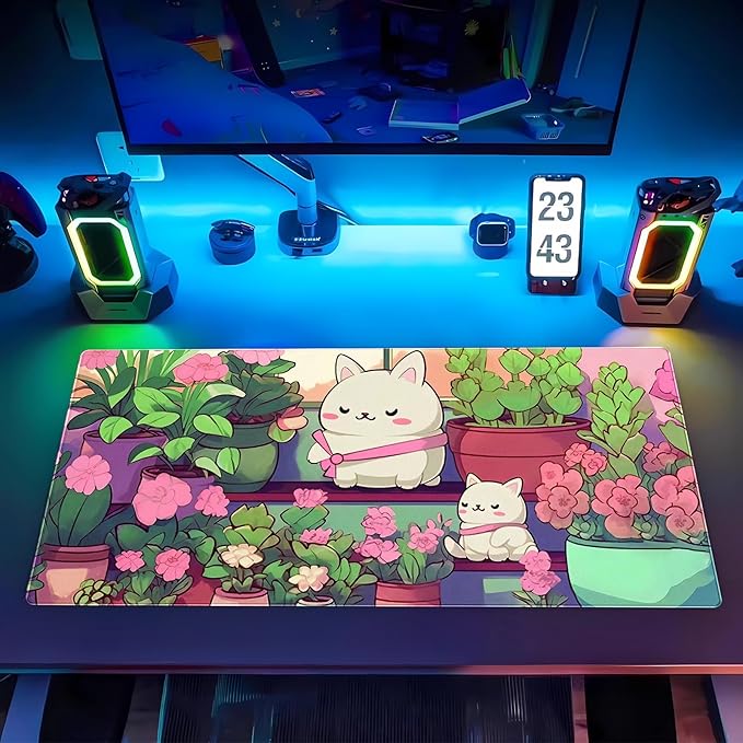 Cute Desk Mat Cat Mouse Pad Gaming Mousepad XXL Kawaii Desk Matt Pink Green Floral Keyboard Mat, Laptop Computer Desktop Decor Mat with Stitched Edges, 3mm Thick Non-Slip Rubber Base 31.5x15.7 in