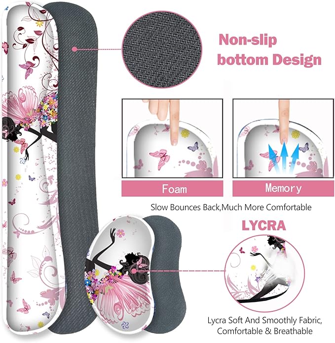 ARTSO Extended Gaming Mouse Pad Set, Keyboard Wrist Rest Support Pad + Wrist Cushion + XXL Large Mouse Pad + Coaster, Stitched Edge, Non-Slip, Memory Foam Desk Mat, Pink Butterfly Girl