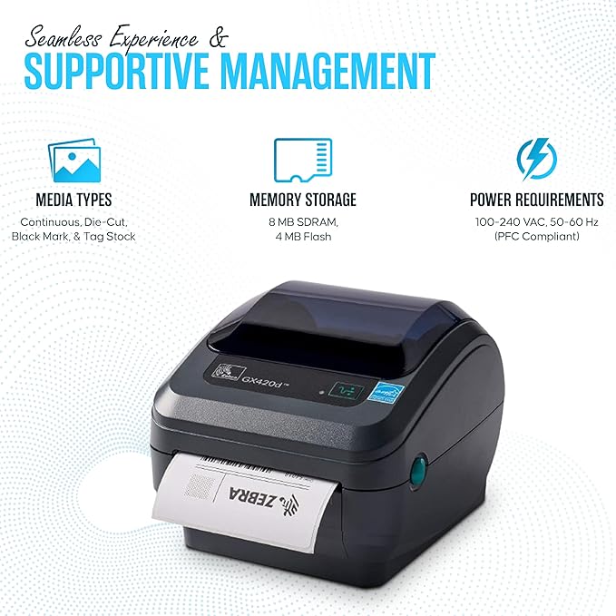 GX420D Zebra Direct Thermal Label, Receipt & Barcode Printer - with USB 2.0 Cable, 4x6 Label Roll, 24V - USB, Serial and Ethernet Connectivity (Renewed)