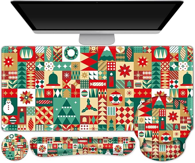 AIMSA Keyboard Mouse Pad Wrist Rest Set, Large Gaming Mouse Desk Pad with Wrist Support Ergonomic Design, 4 in 1 Mousepad for Home Office, Snowman Bell Christmas
